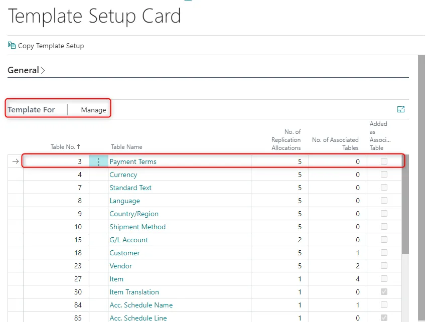 Setup Template Table Fields