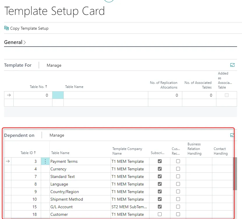 Dependent template card setup