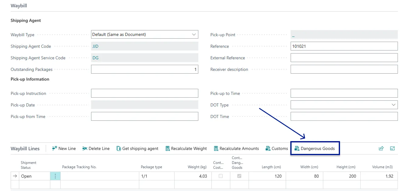 DG button on Waybill Lines