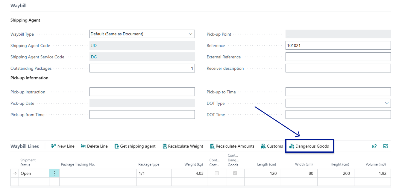 DG button on Waybill Lines