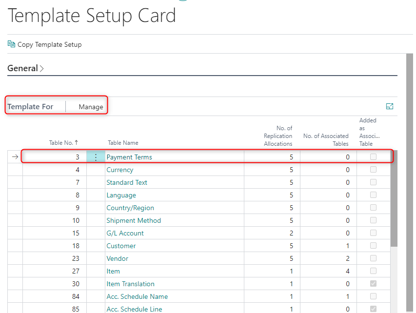 Setup Template Table Fields