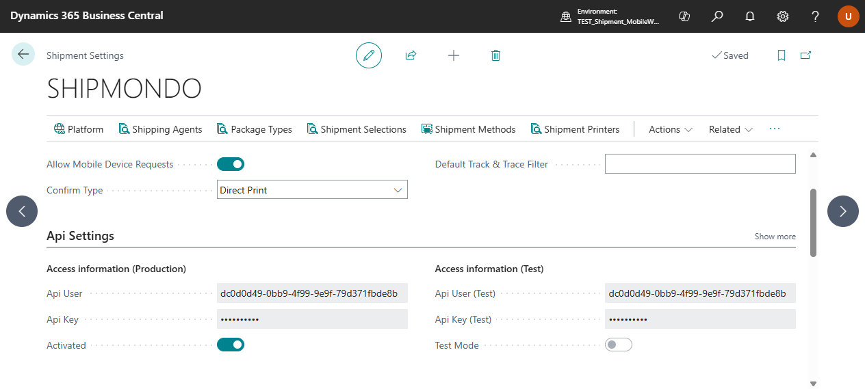 Shipment Settings page with API User and API Key fields filled in