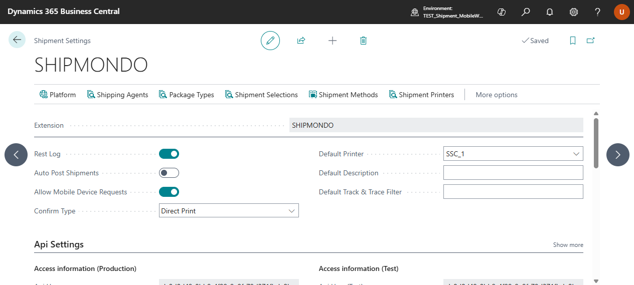 Shipment Settings page in Business Central showing the main setup fields