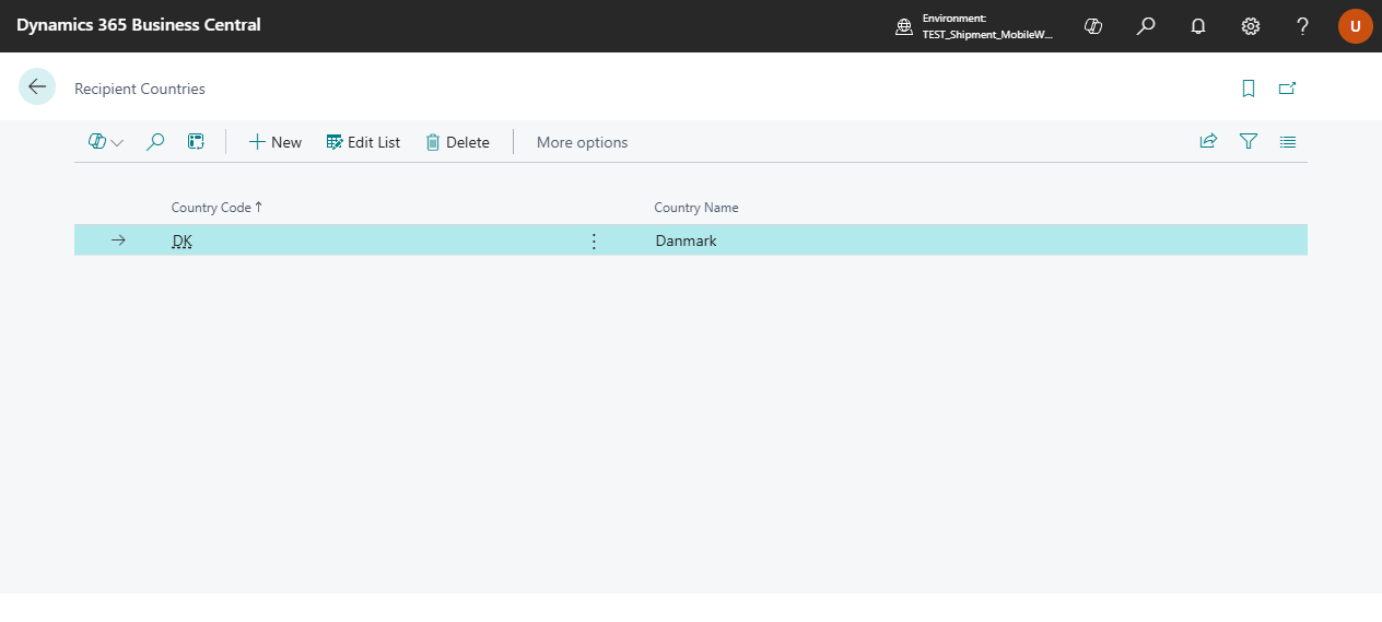 Recipient Countries setup page with country codes added