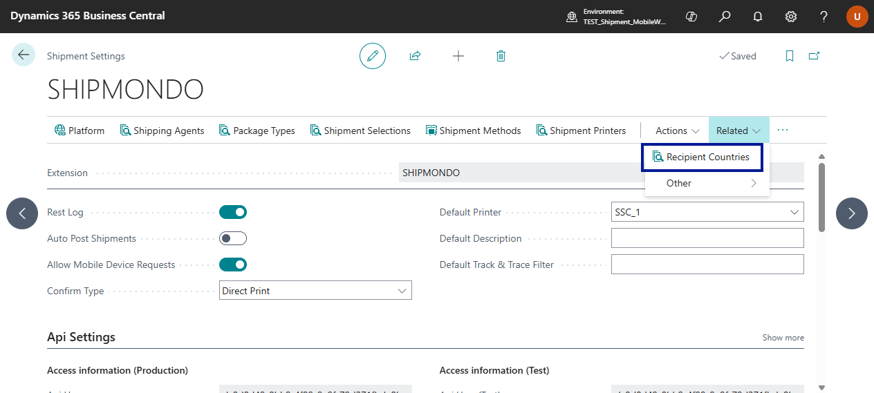 Shipment Settings ribbon showing Related > Recipient Countries navigation