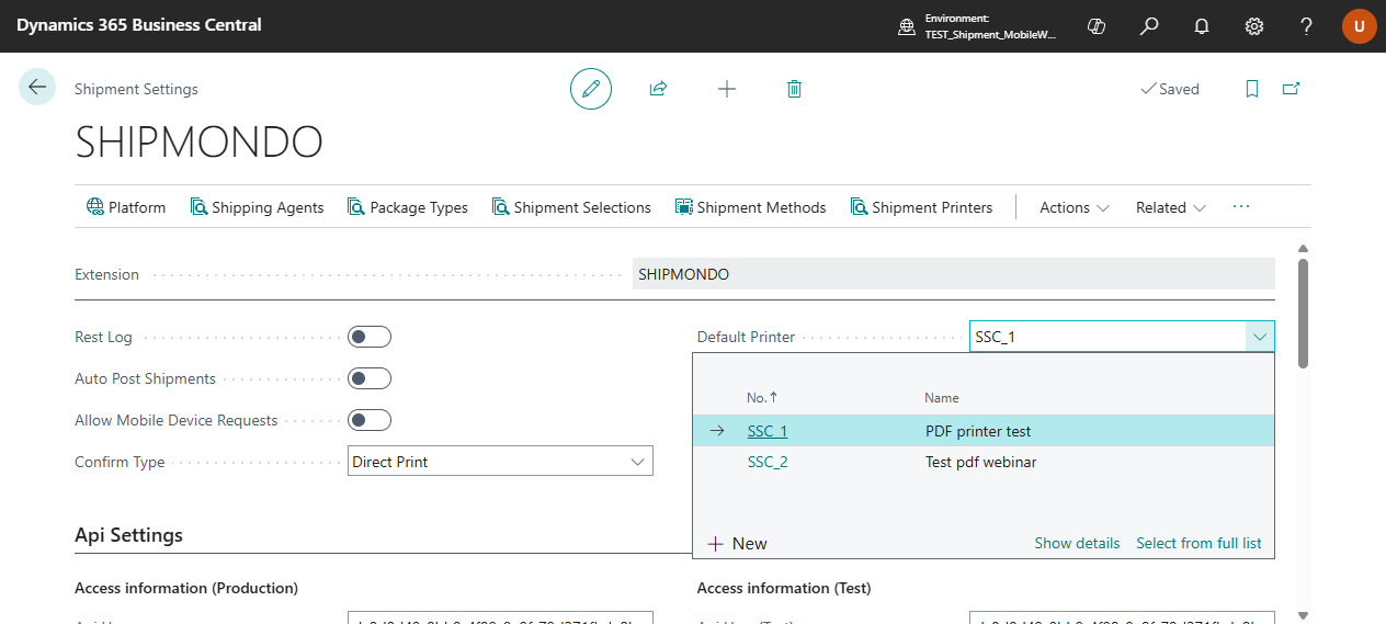 Shipment Settings page with Shipmondo Printer field selected as default label printer