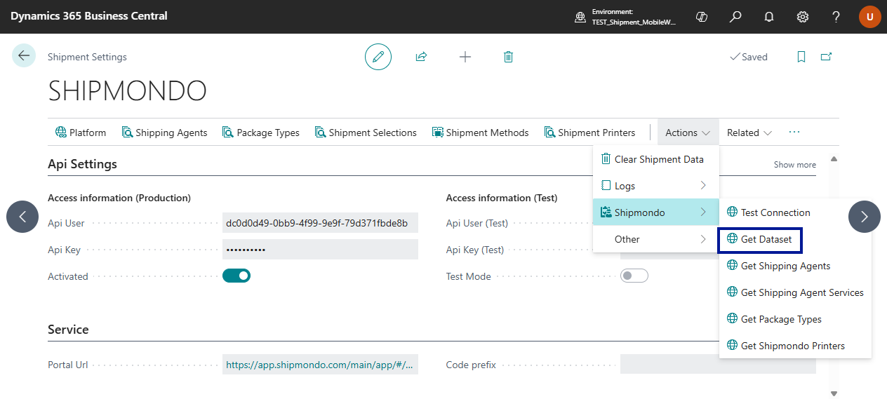 Shipment Settings Actions ribbon showing Get Dataset and Test Connection options