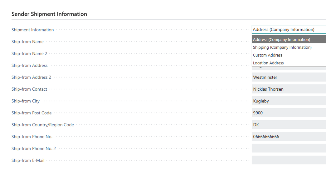 Sender Shipment information